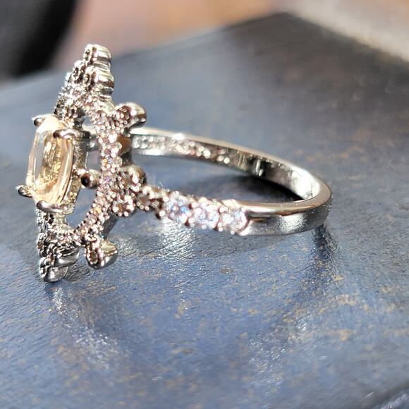 Elegant Rhodium Plated Simulated Champagne Gemstone Ring, Size 10 - Picture 5 of 9